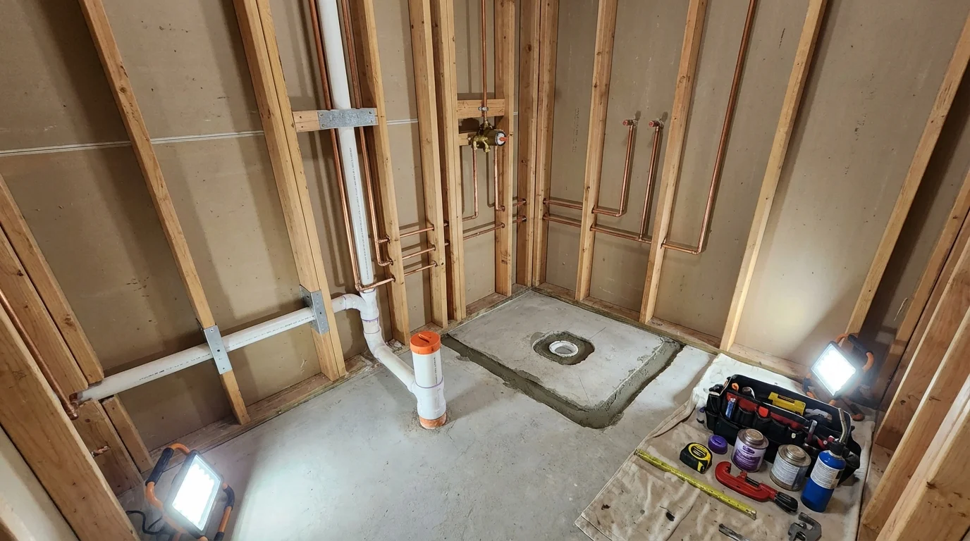 Bathroom rough-in plumbing during remodel by Johns Plumbing LLC in Kenduskeag