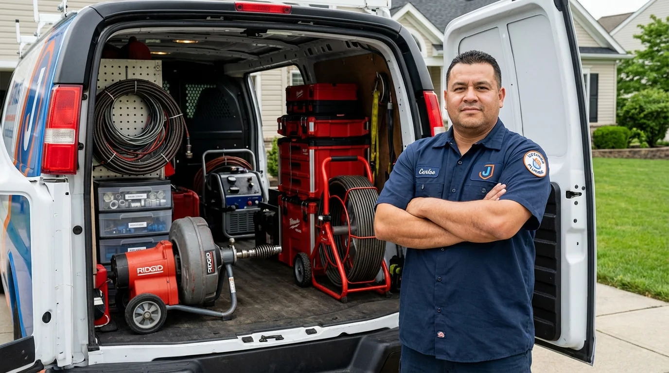 Professional drain cleaning equipment and Johns Plumbing LLC plumber in Kenduskeag