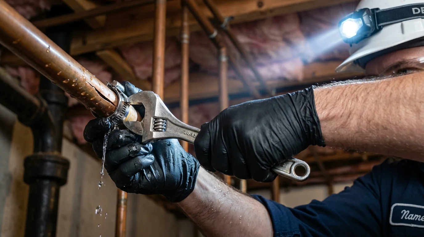 Emergency pipe clamp repair being performed by a Johns Plumbing LLC plumber in Kenduskeag
