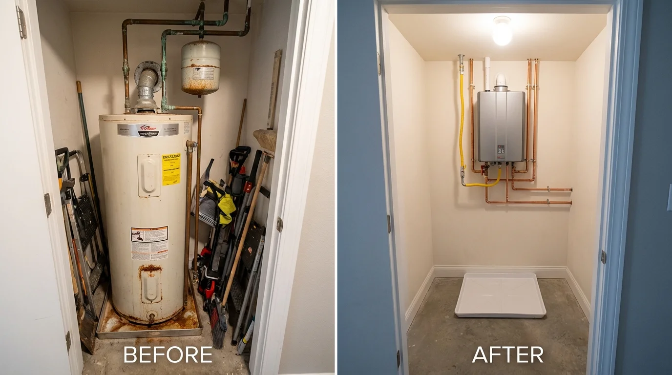 Tank water heater versus wall-mounted tankless unit comparison for Kenduskeag, ME homeowners