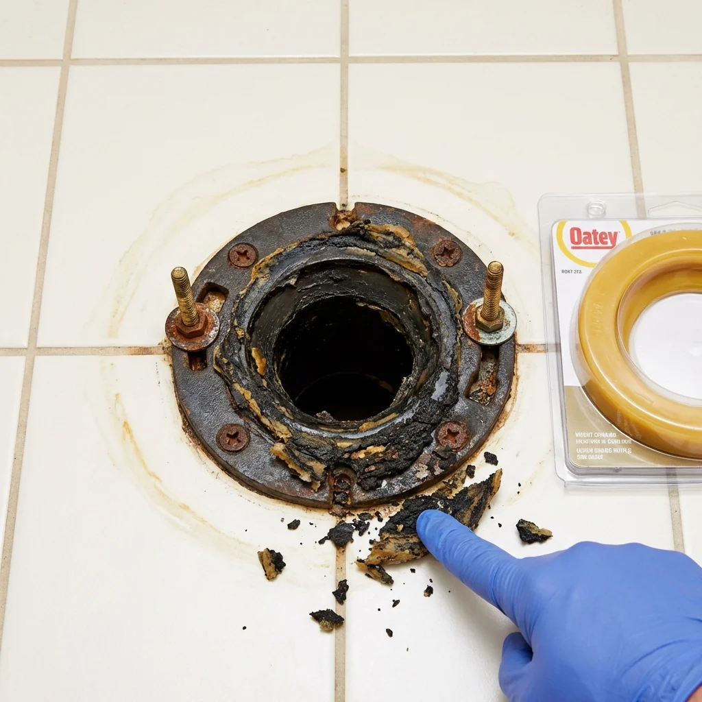 Failed wax ring showing water seepage at the base of a toilet in a Kenduskeag, ME home