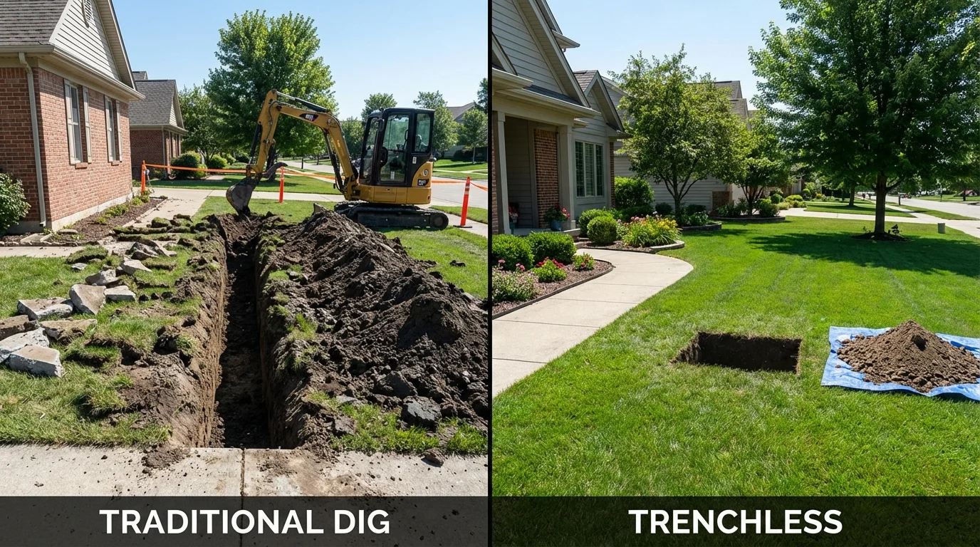 Trenchless sewer repair with minimal yard damage versus traditional excavation in Kenduskeag, ME