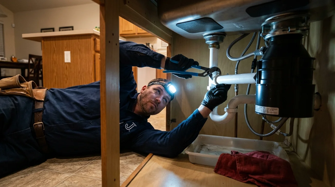 P-trap and supply line connections under a kitchen sink showing a common leak point in Kenduskeag, ME